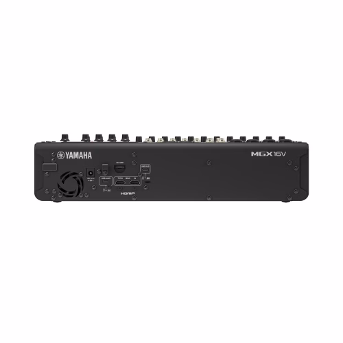 Detalle de entradas XLR y puertos HDMI/USB en la mezcladora Yamaha MGX16V
