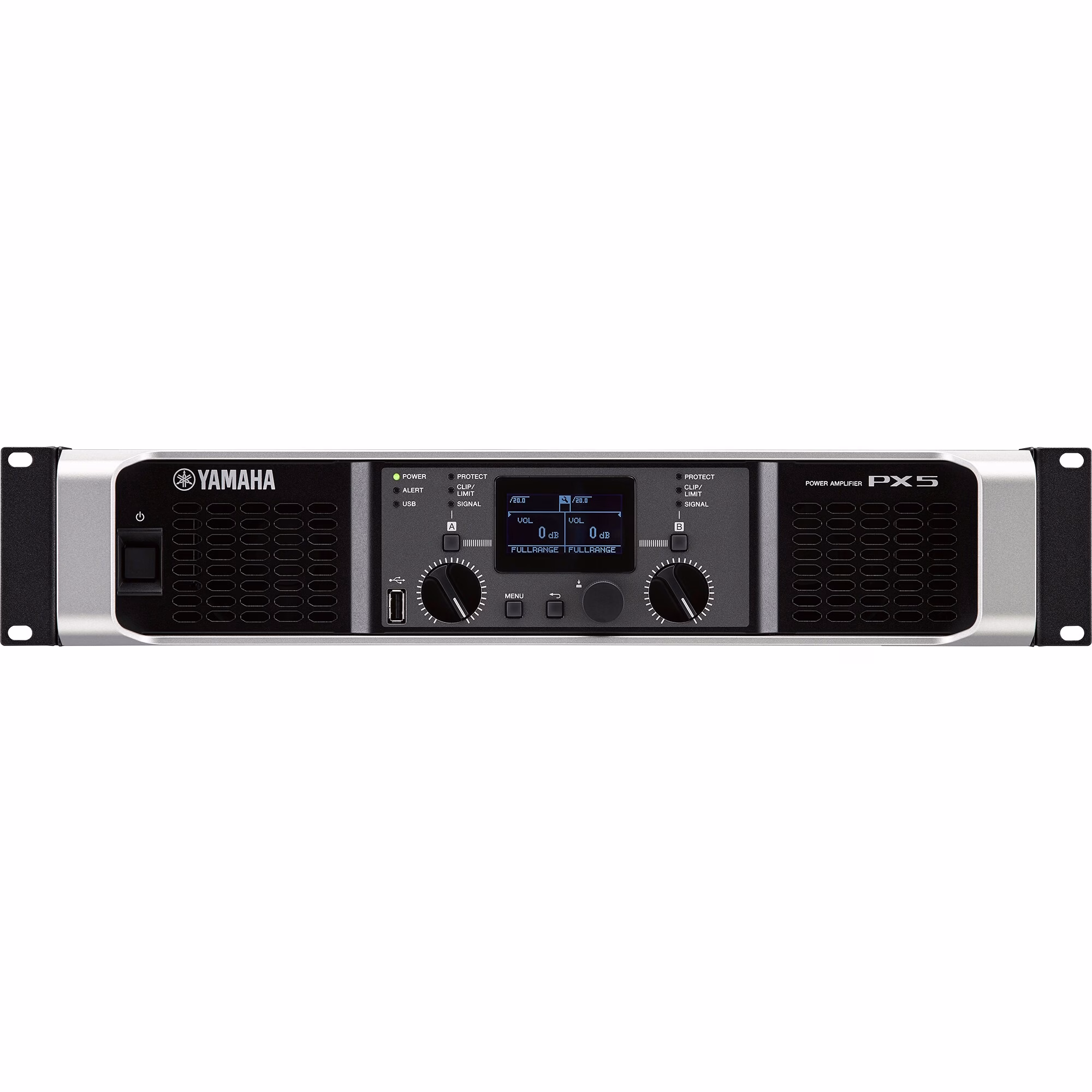 Amplificador Yamaha PX5 con controles digitales y pantalla LCD para gestión de audio