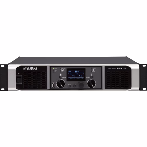 Amplificador Yamaha PX5 con controles digitales y pantalla LCD para gestión de audio