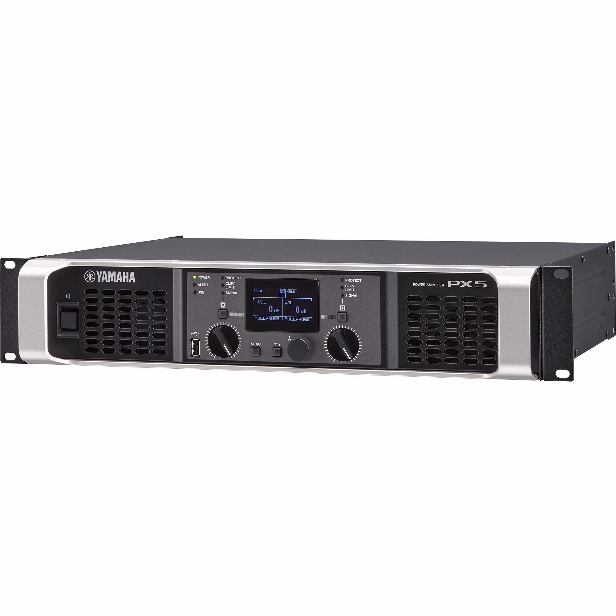 Amplificador Yamaha PX5 con controles digitales y pantalla LCD para gestión de audio