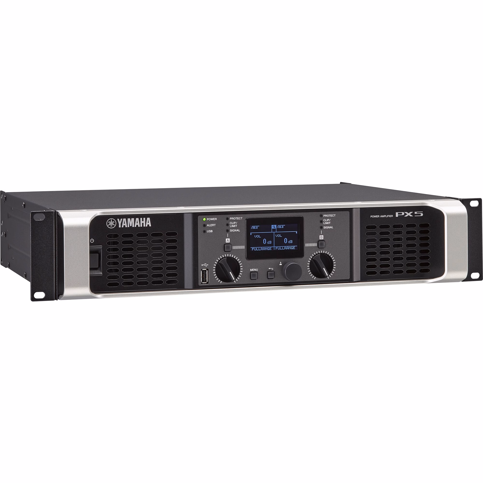 Amplificador Yamaha PX5 con controles digitales y pantalla LCD para gestión de audio