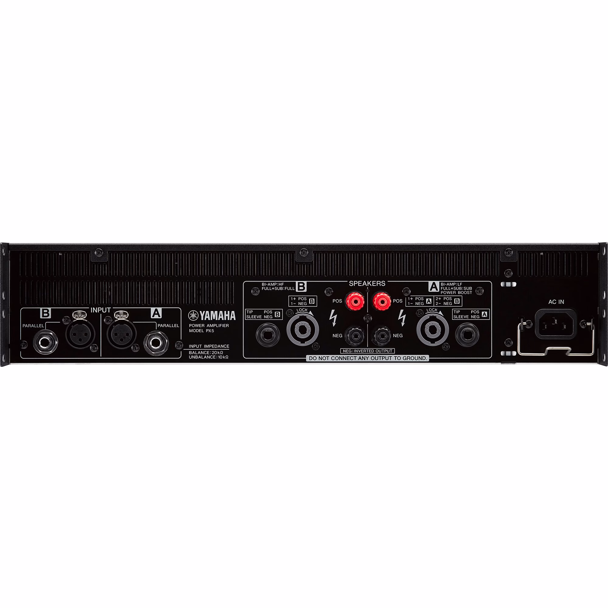 Conexiones profesionales del amplificador Yamaha PX5 incluyendo SpeakON y entradas XLR