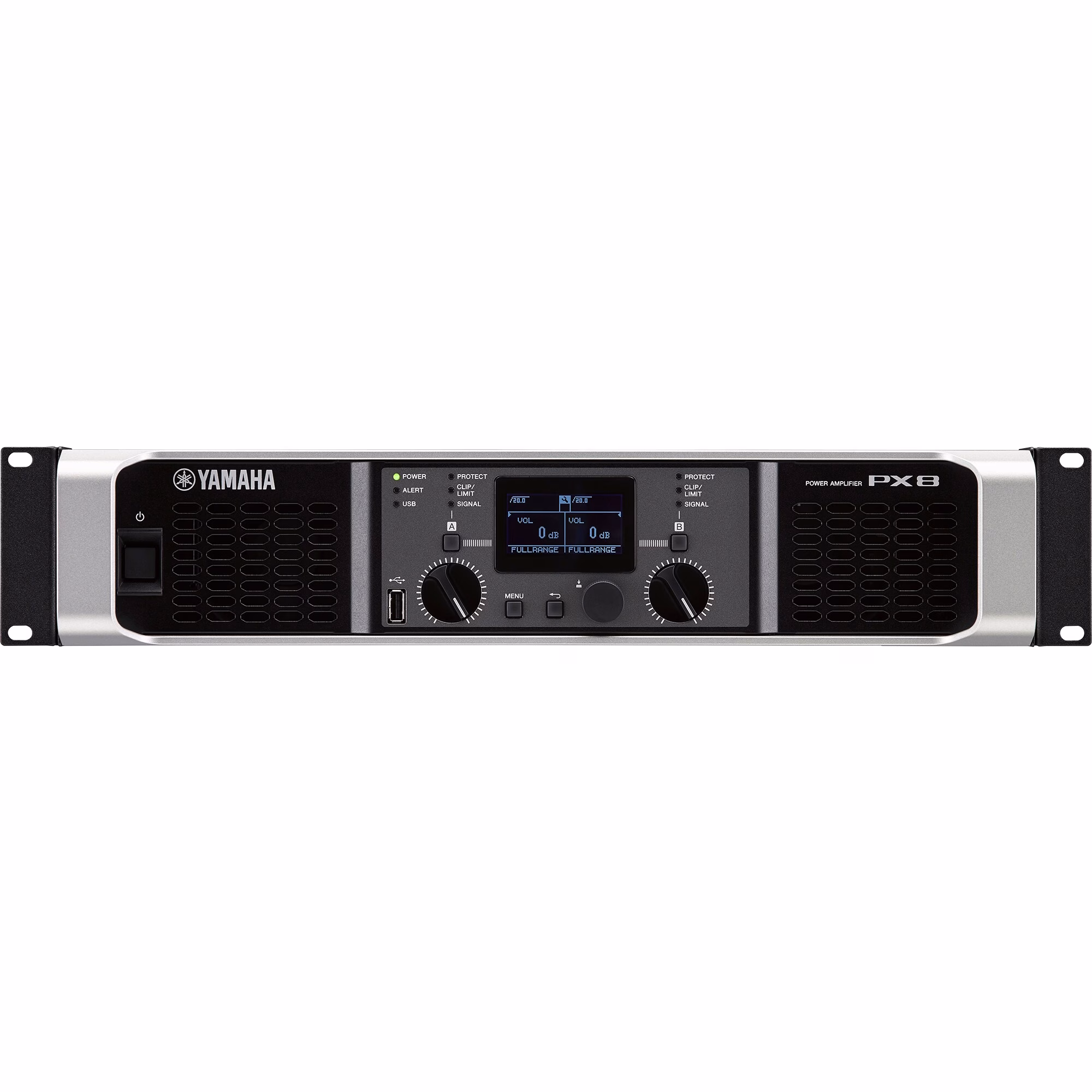 Amplificador Yamaha PX8 con pantalla LCD y controles de navegación DSP