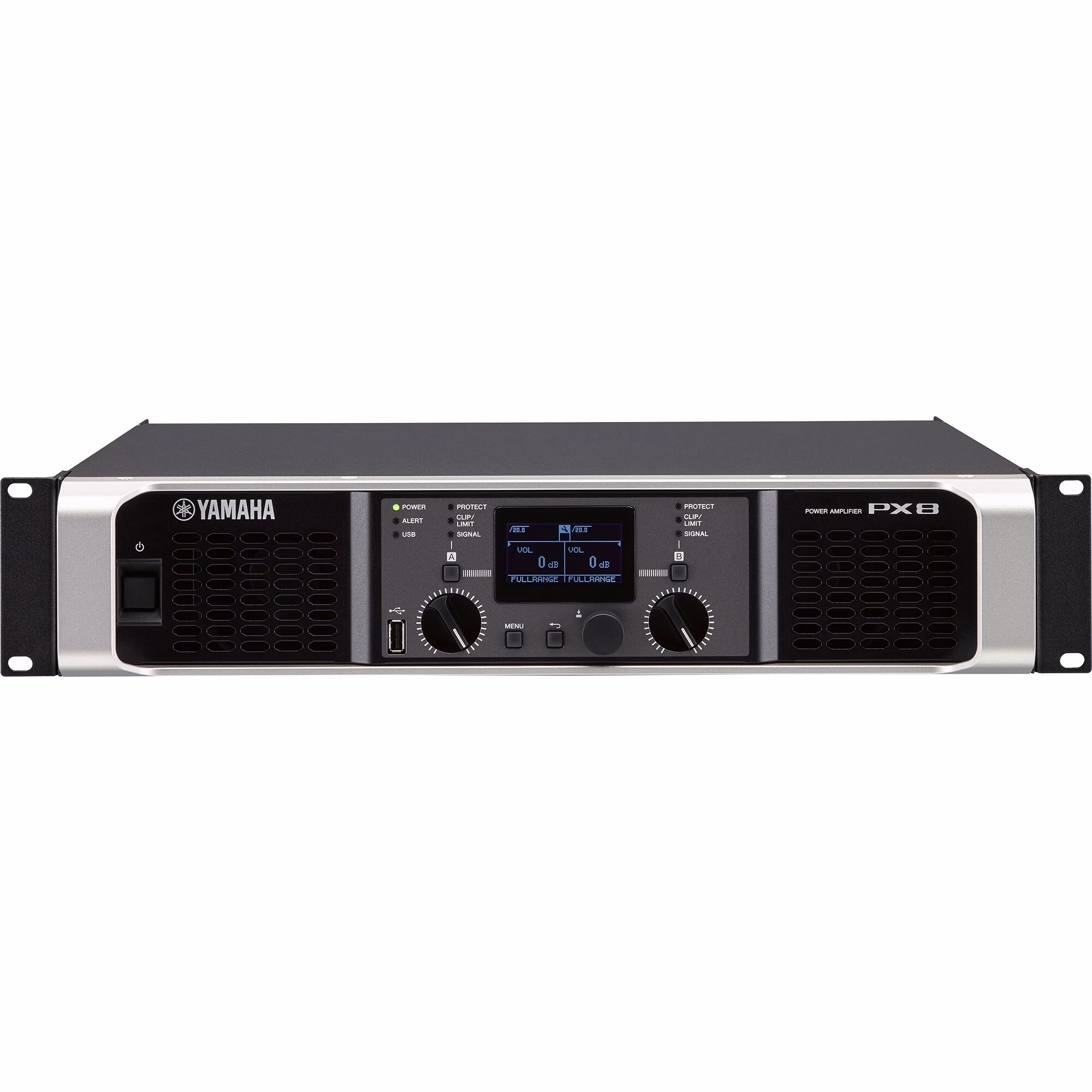 Amplificador Yamaha PX8 con pantalla LCD y controles de navegación DSP