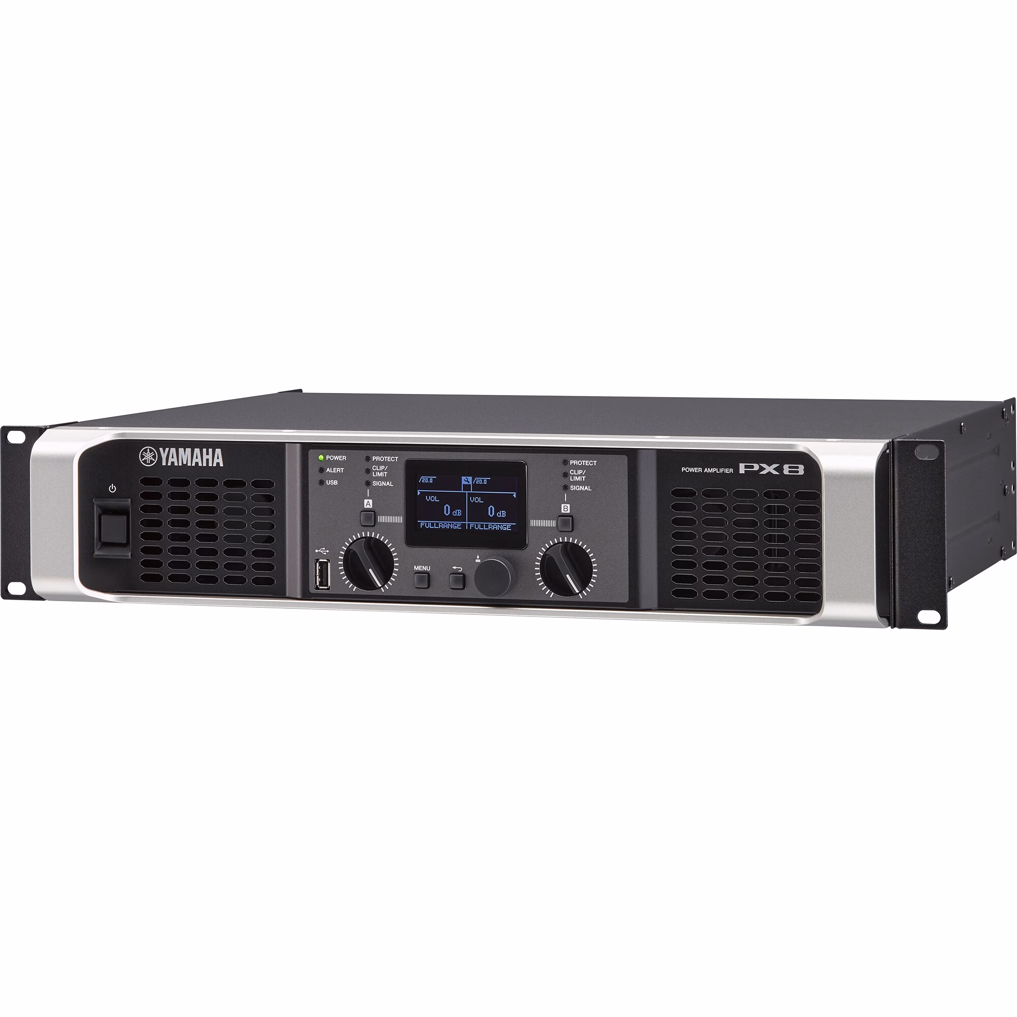 Amplificador Yamaha PX8 con pantalla LCD y controles de navegación DSP