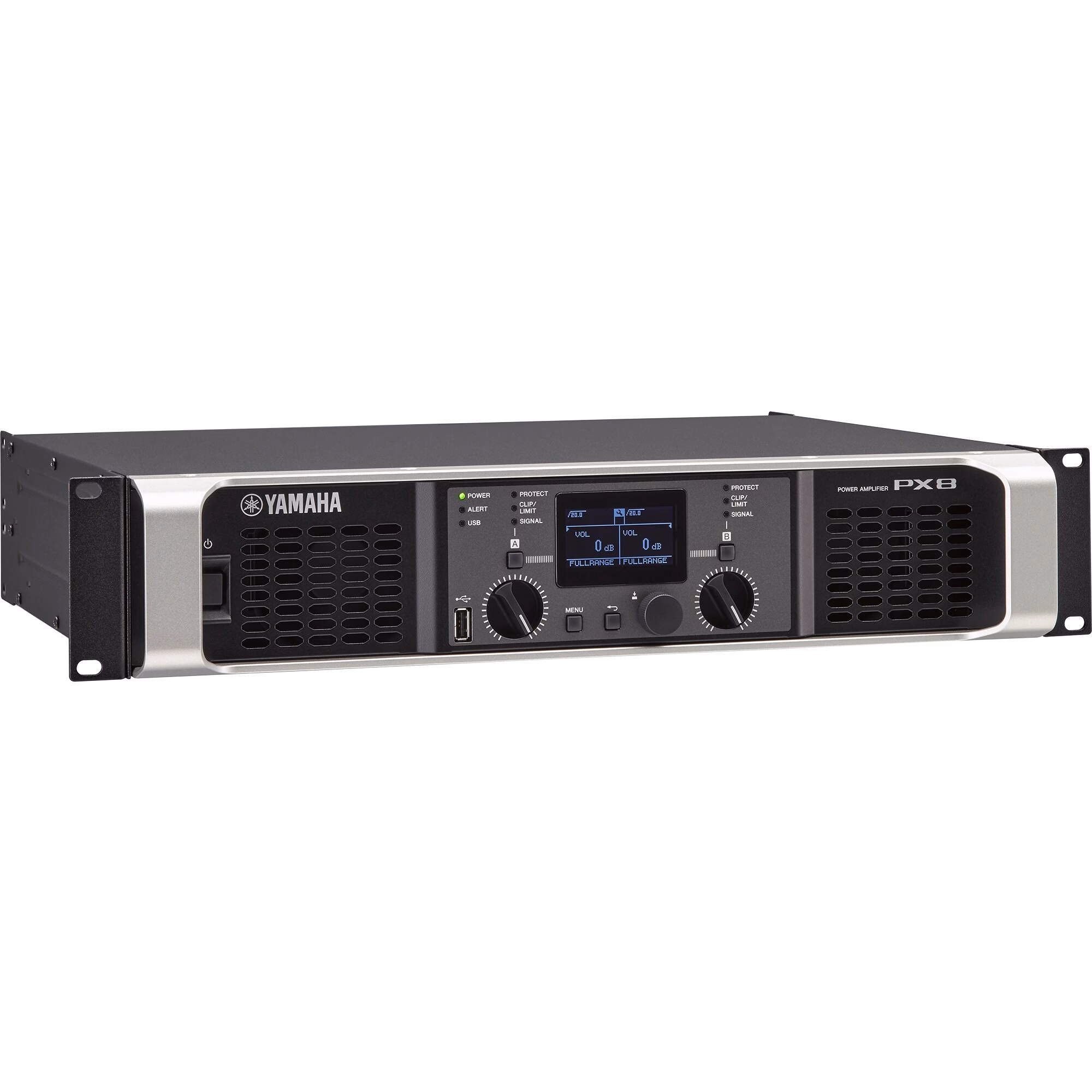 Amplificador Yamaha PX8 con pantalla LCD y controles de navegación DSP
