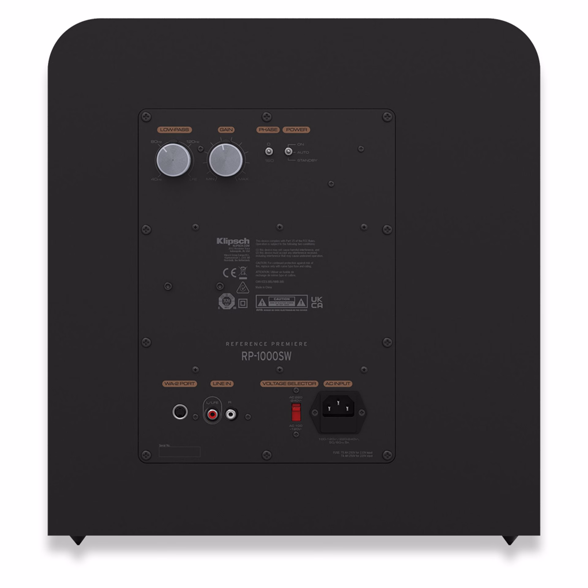 Panel trasero del Klipsch RP‑1000SW con controles de audio