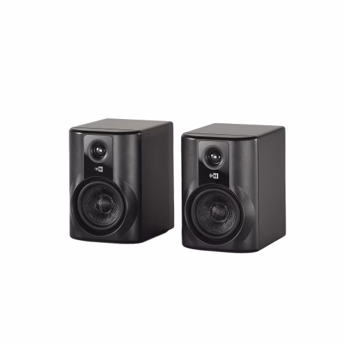 Par de monitores Montarbo M4M compactos vista frontal escritorio