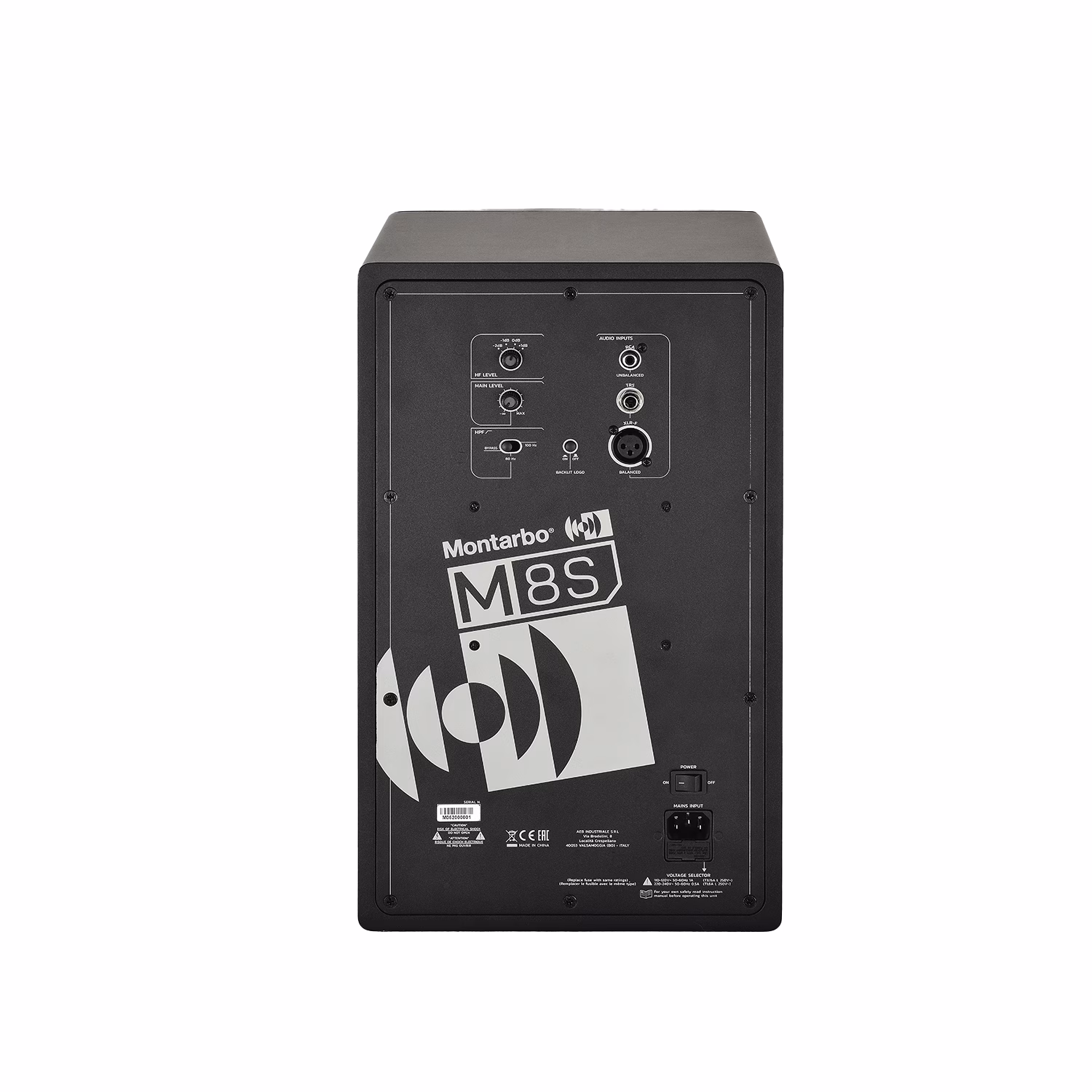 Montarbo M8S panel trasero entradas XLR TRS RCA controles EQ HPF