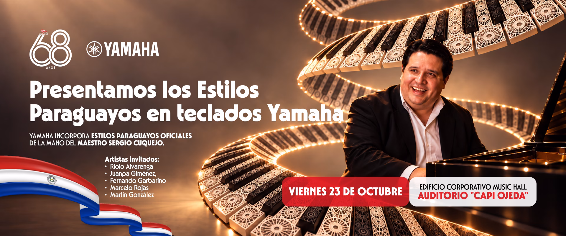 Banner del evento de Yamaha y Music Hall presentando los nuevos estilos paraguayos con Sergio Cuquejo y artistas invitados el 23 de octubre.